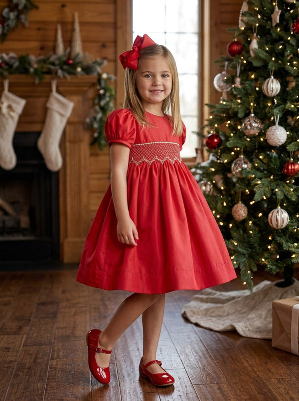 80095T Toddler Girl Elegant Taffeta Red Short Sleeve Dress
