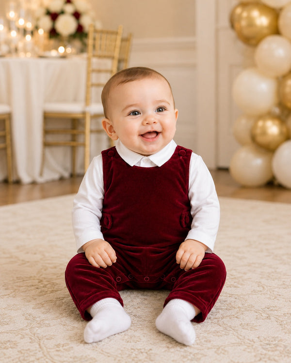 30001-Baby Boy Red Velvet Long Romper with White Shirt Set