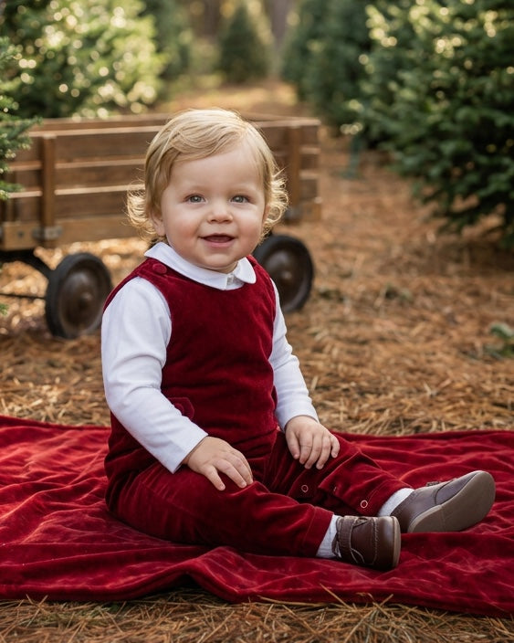 30001-Baby Boy Red Velvet Long Romper with White Shirt Set