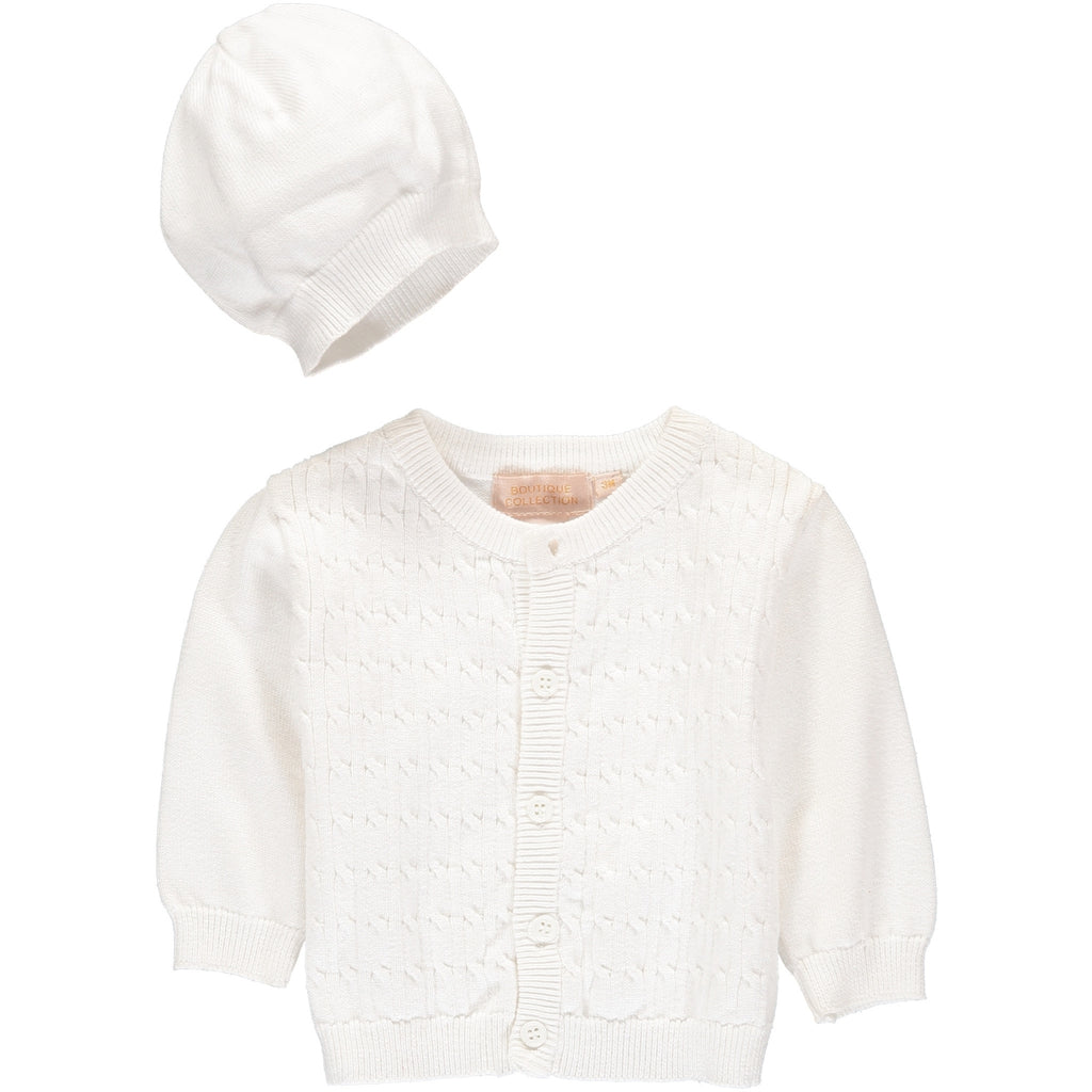 Carriage Boutique White Baby Boy Cable Sweater with Bonnet