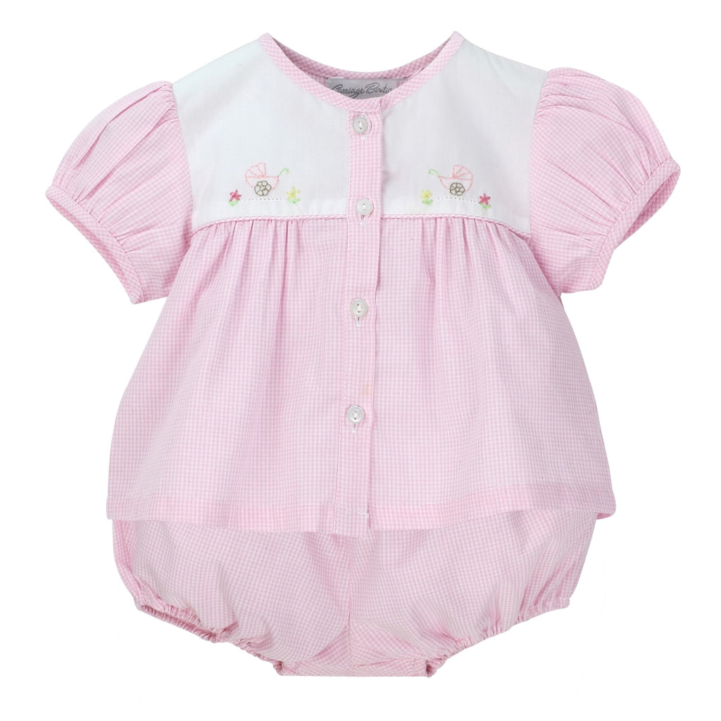 Hand Embroidered Baby Girl Bubble Romper - Pink Gingham