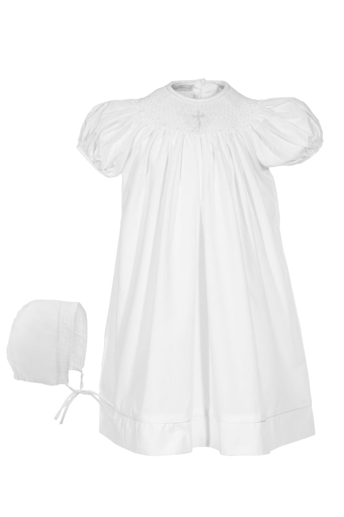 Hand Smocked Pearl Cross Baby Girl Bishop Dress with Bonnet