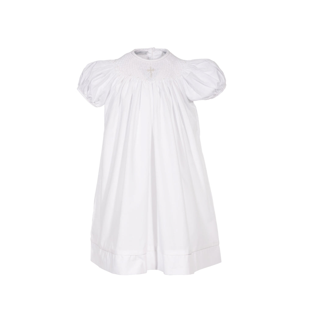 Hand Smocked Pearl Cross Baby Girl Bishop Dress with Bonnet 4