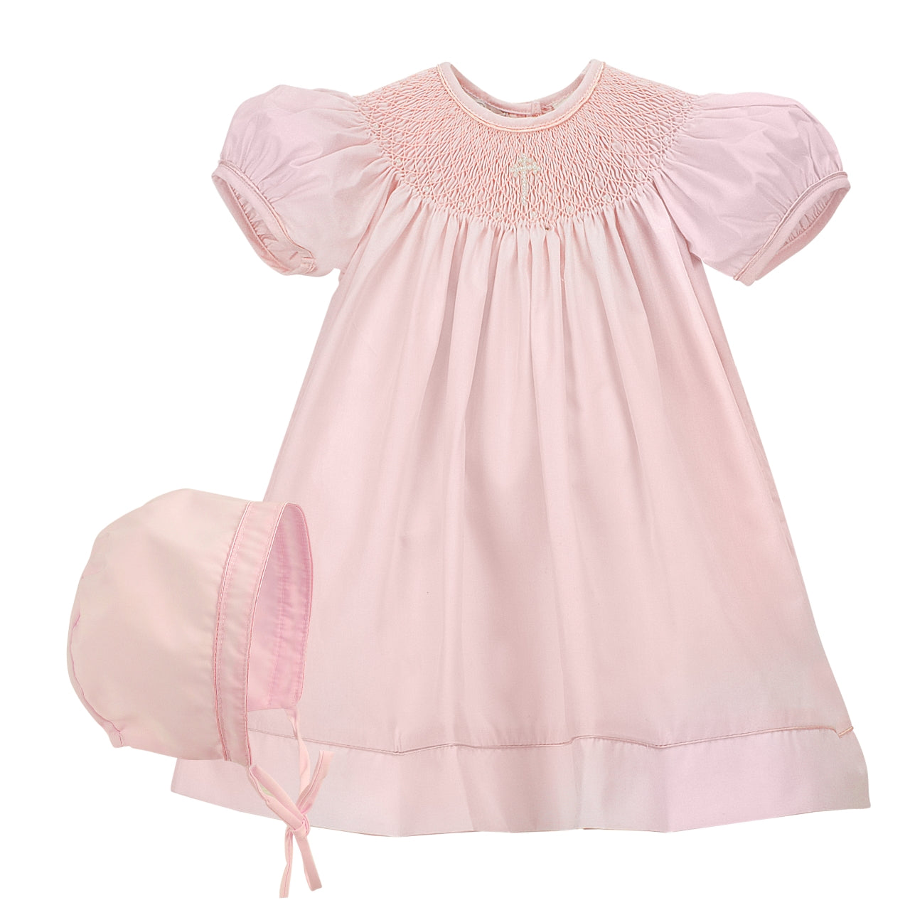 Pink Hand Smocked Pearl Cross Baby Girl Christening Bishop Dress with Bonnet 2 - Imagewear