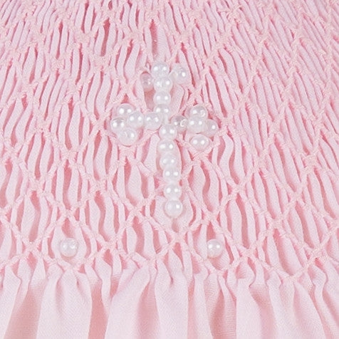 Pink Hand Smocked Pearl Cross Baby Girl Christening Bishop Dress with Bonnet 3 - Imagewear