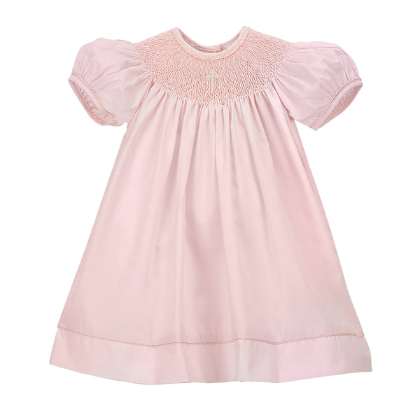Pink Hand Smocked Pearl Cross Baby Girl Christening Bishop Dress with Bonnet 4 - Imagewear