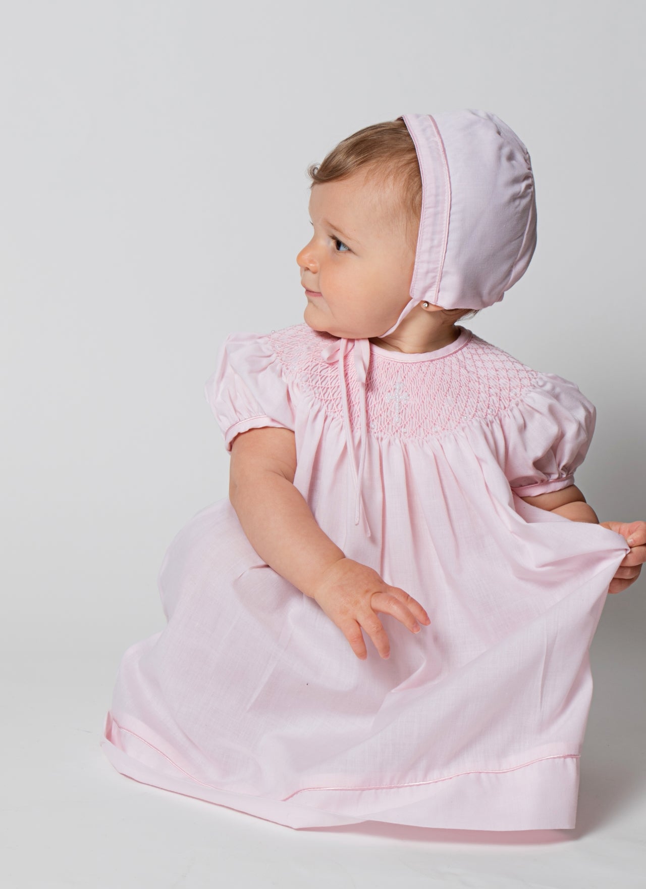 Pink Hand Smocked Pearl Cross Baby Girl Christening Bishop Dress with Bonnet 6 - Imagewear