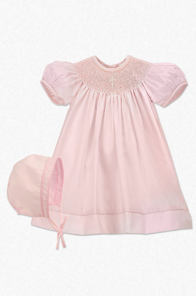 Wholesale Hand Smocked Pearl Cross Baby Girl Christening Bishop Dress with Bonnet - Imagewear