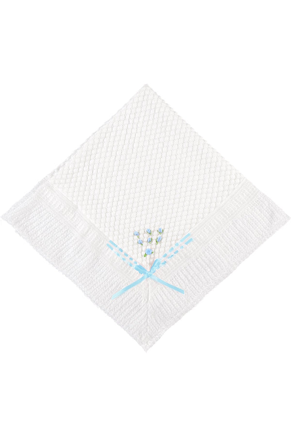 Julius Berger Belgium Lace Rosebud Baby Blanket with White/Blue Ribbon