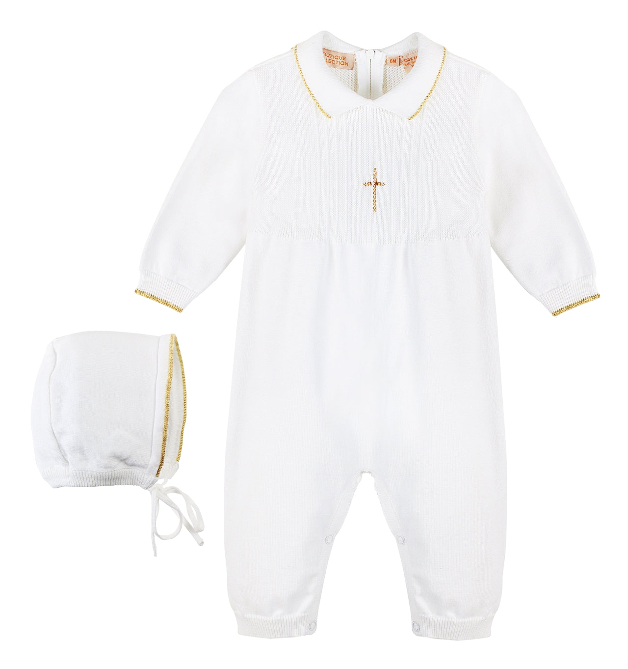 Knit Pearl Gold Cross Baby Boy Christening Outfit with Bonnet - Imagewear