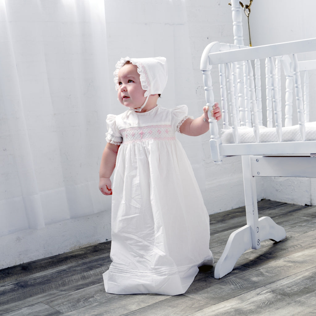 Long Bullion Cross Baby Girl Christening Gown with Bonnet 4 - Imagewear