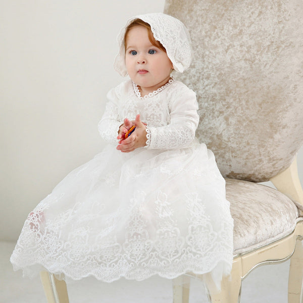  Long Sleeve Lace Embroidery Scalloped Trim Christening Gown 2