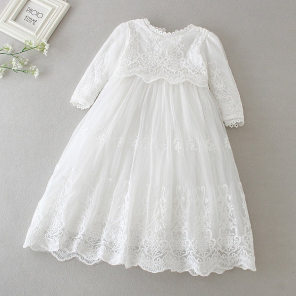Long Sleeve Lace Embroidery Scalloped Trim Christening Gown
