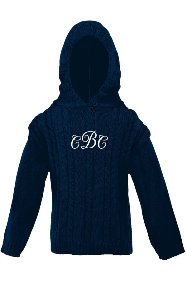 884-Cable Knit Hooded Zip Back Navy Baby Boy Sweater