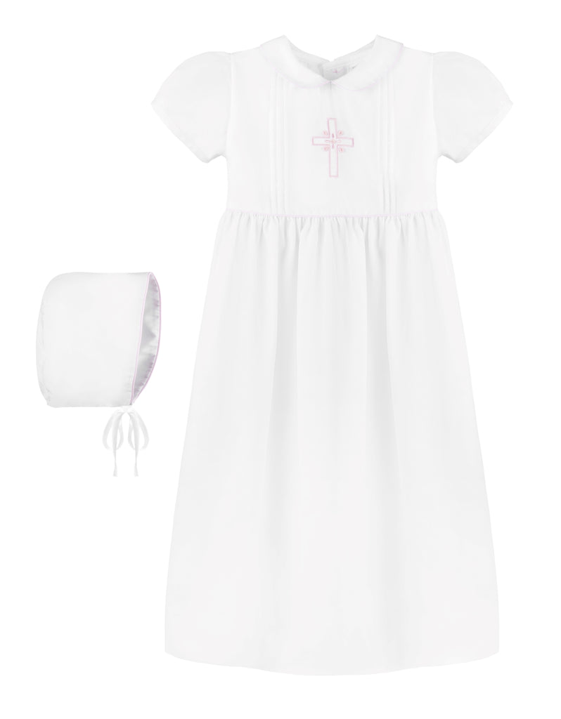  Pink Embroidered Cross Baby Girl Christening Gown with Bonnet 2 - Imagewear