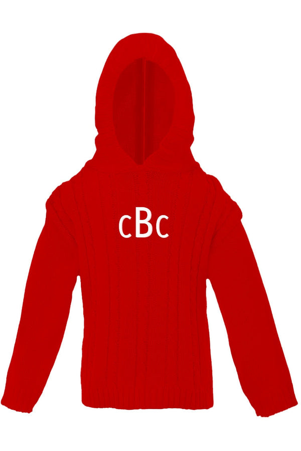 885-Cable Knit Hooded Zip Back Red Baby Boy Sweater