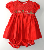 Red Smocked Corduroy Baby Girl Short Sleeve Dress with Panty