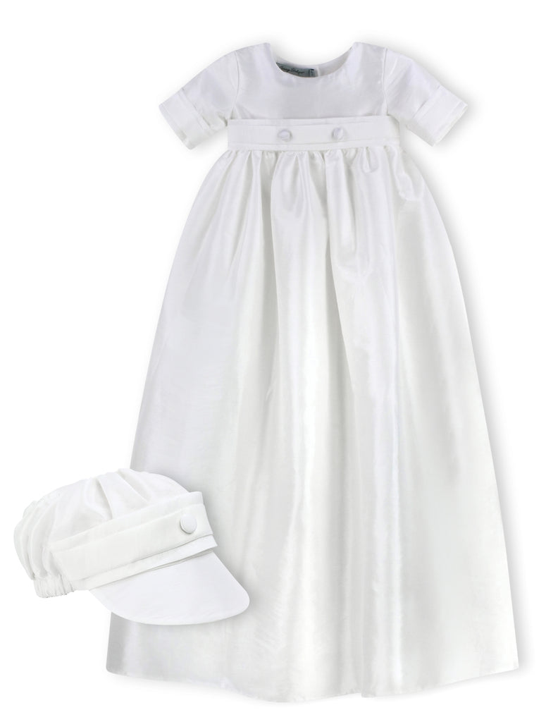 Satin White Baby Boy Long Christening & Baptism Gown with Hat
