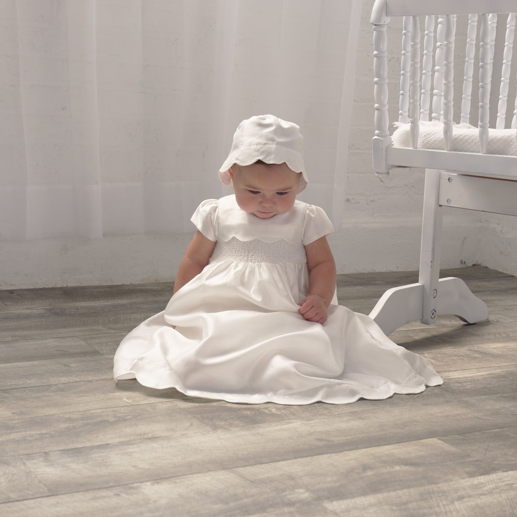 Scallop Baby Girl Christening Gown with Bonnet- White 4 - Imagewear