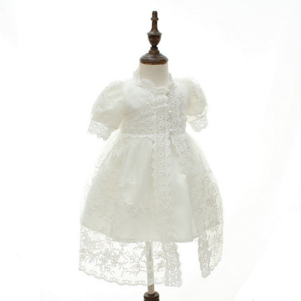 Short Sleeve Baby Girl Christening Dress with Lace Overlay 2
