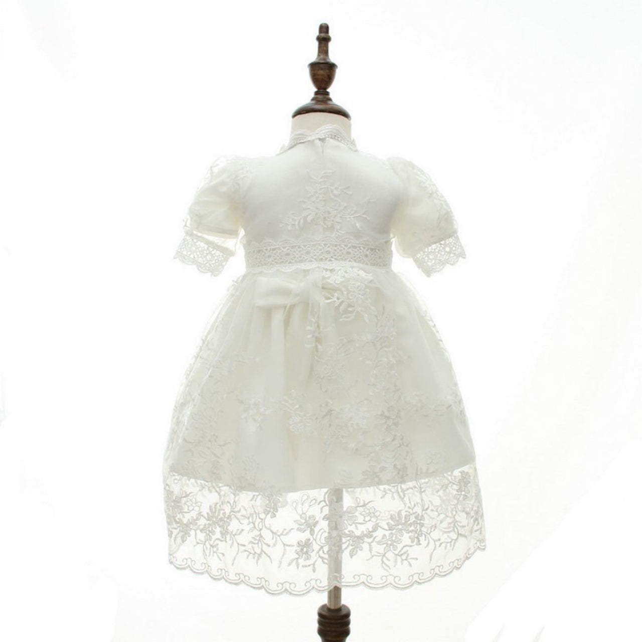 Short Sleeve Baby Girl Christening Dress with Lace Overlay 3