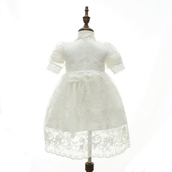 Short Sleeve Baby Girl Christening Dress with Lace Overlay 3