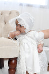 Short Sleeve Baby Girl Christening Dress with Lace Overlay