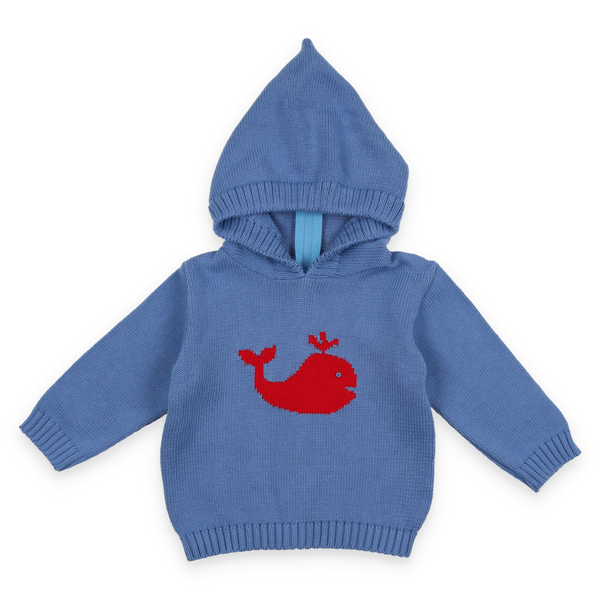 Smocked Whale Blue Hooded Zip Back Baby & Toddler Sweater