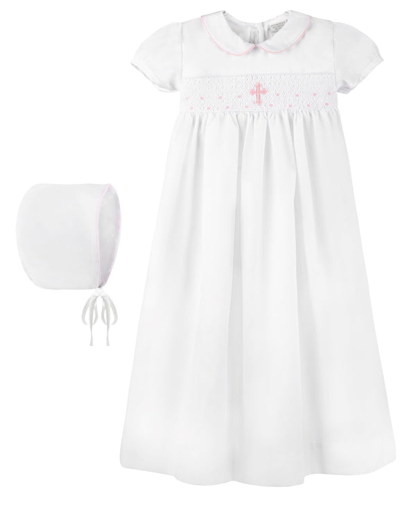 Smocked Pink Cross Baby Girl Christening & Baptism Gown with Bonnet 2 - Imagewear