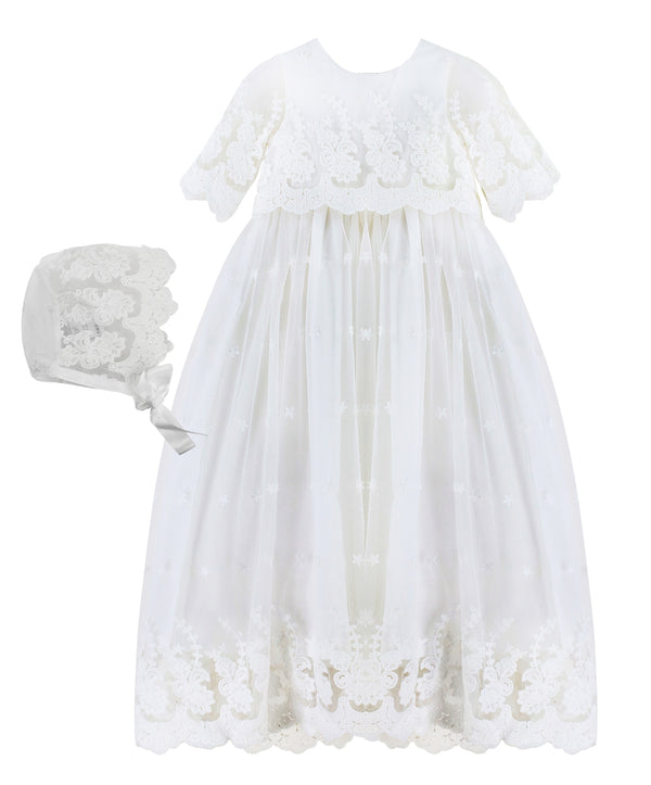 Star Lace Baby Girl Christening Gown with Bonnet 2 - Imagewear
