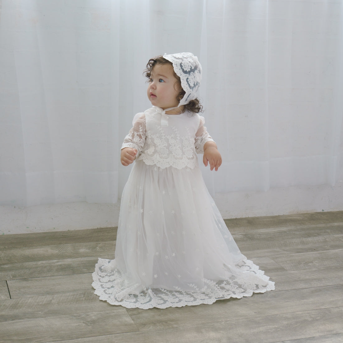 Star Lace Baby Girl Christening Gown with Bonnet 7 - Imagewear