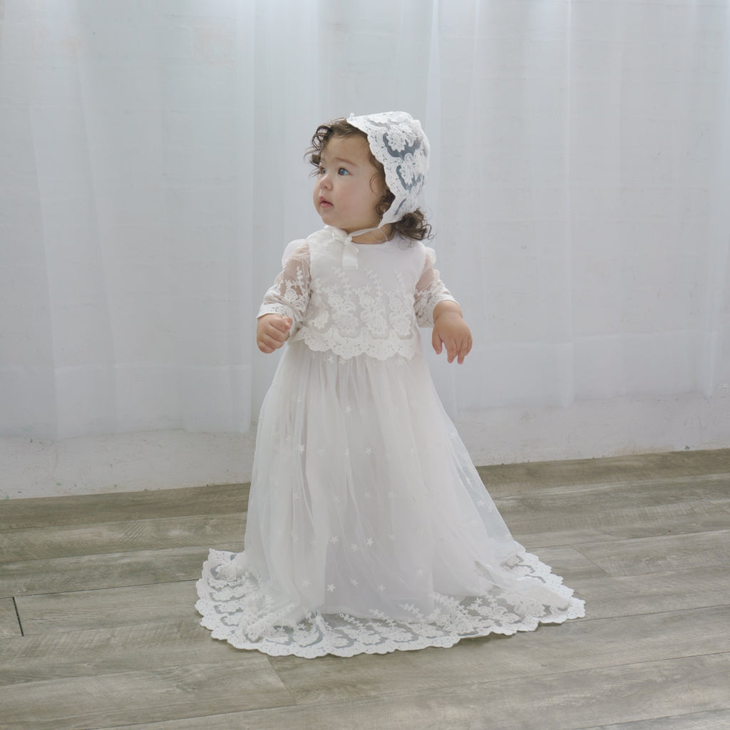 Star Lace Baby Girl Christening Gown with Bonnet 7 - Imagewear