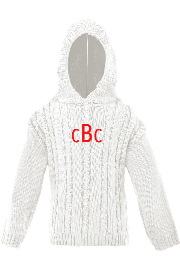880-Cable Knit Hooded Zip Back White Baby Boy Sweater