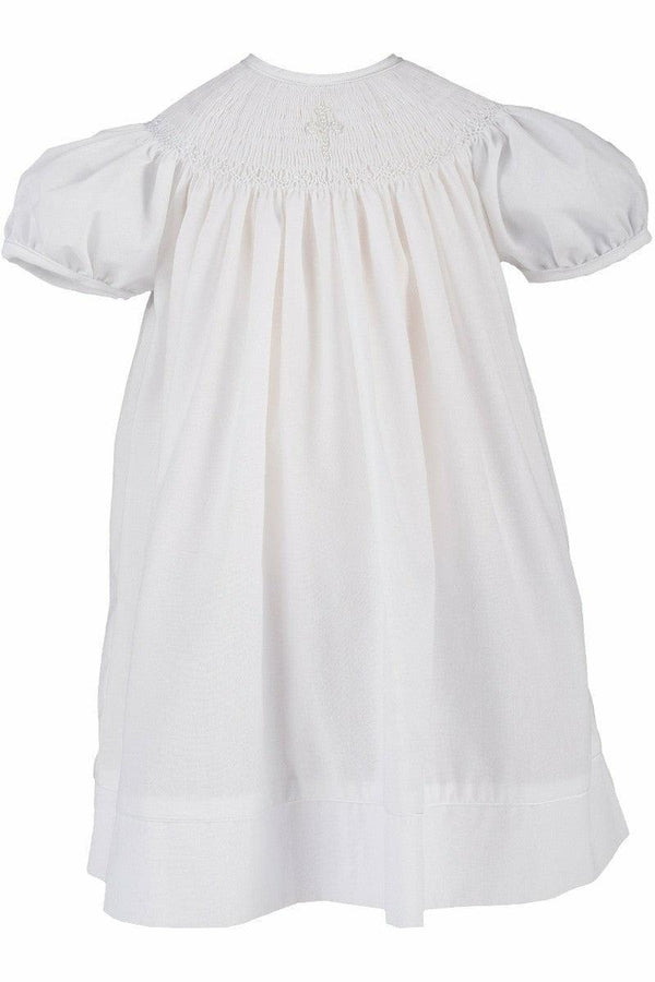 White Hand Smocked Pearl Cross Baby Girl Christening Bishop Dress with Bonnet 2