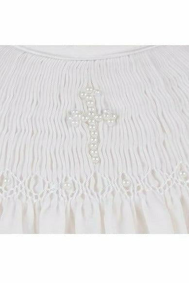 White Hand Smocked Pearl Cross Baby Girl Christening Bishop Dress with Bonnet 3