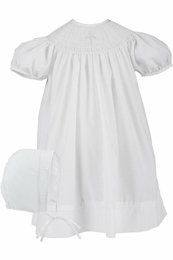 White Hand Smocked Pearl Cross Baby Girl Christening Bishop Dress with Bonnet