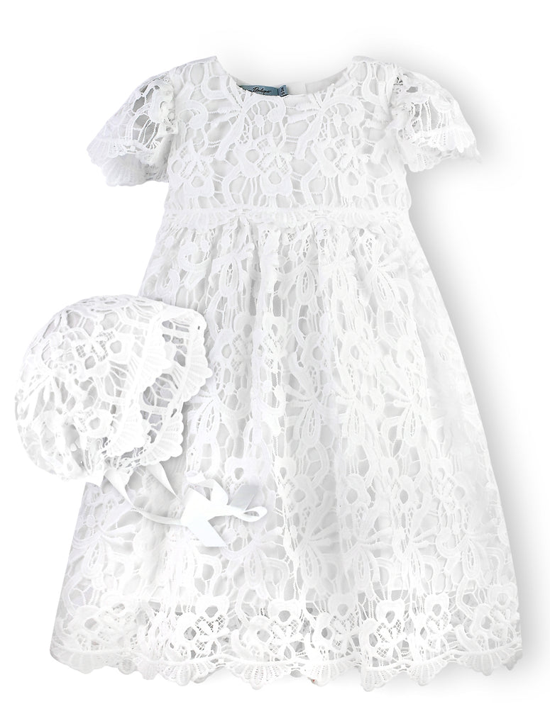 White Lace Christening Baby Girl Dress with Bonnet - Imagewear