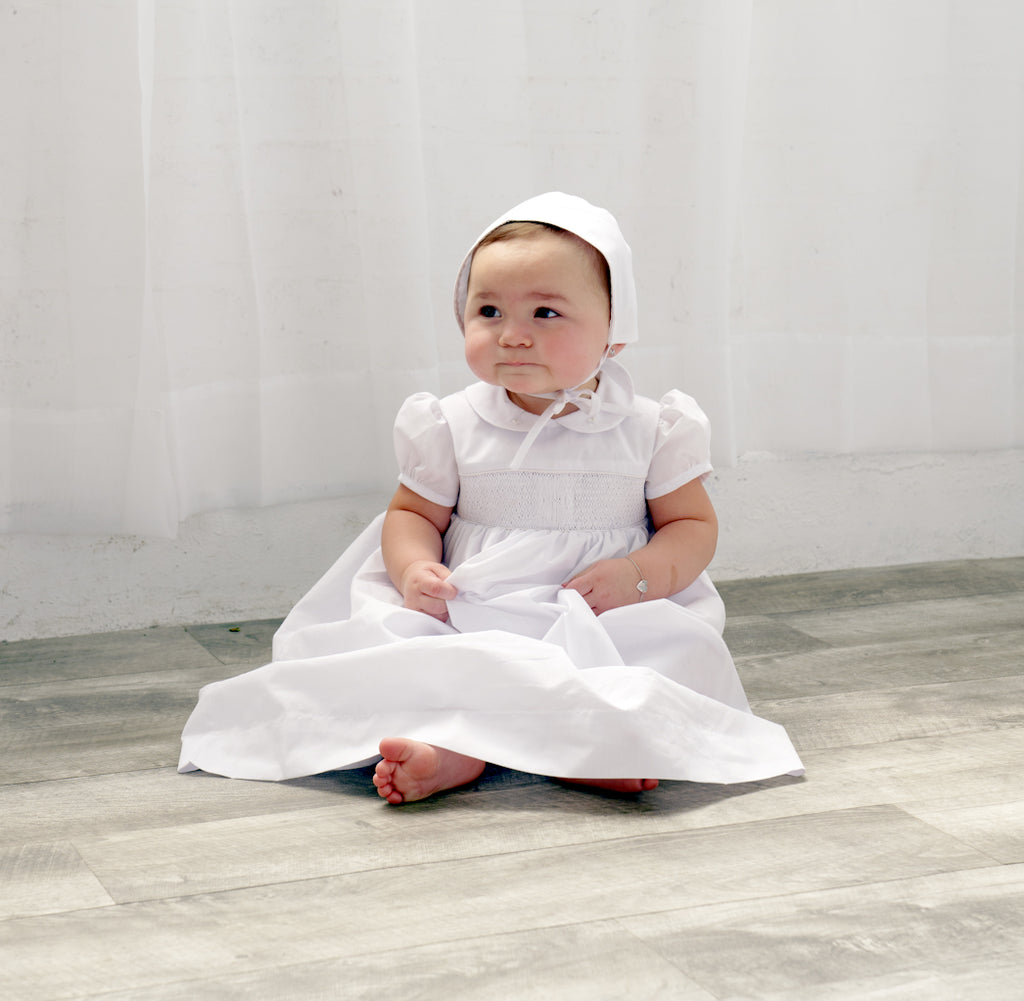 White Smocked Cross Baby Girl Christening Gown with Bonne 6 - Imagewear