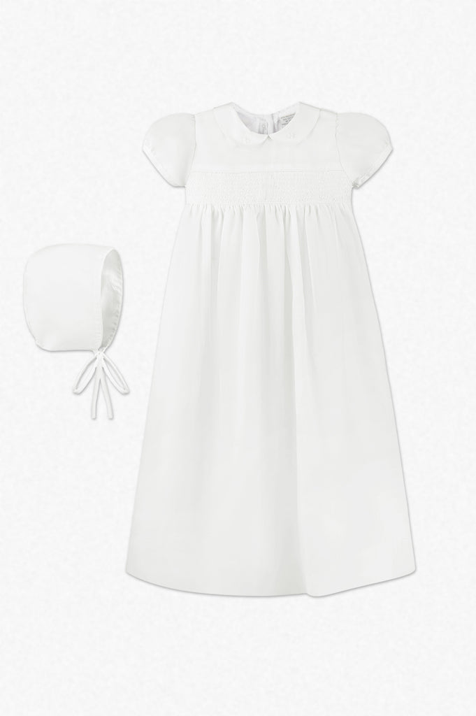 White Smocked Cross Baby Girl Christening Gown with Bonnet - Imagewear