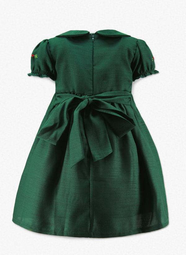 Wholesale Green Floral Smocked Silk Baby Girl Short Sleeve Dress 2