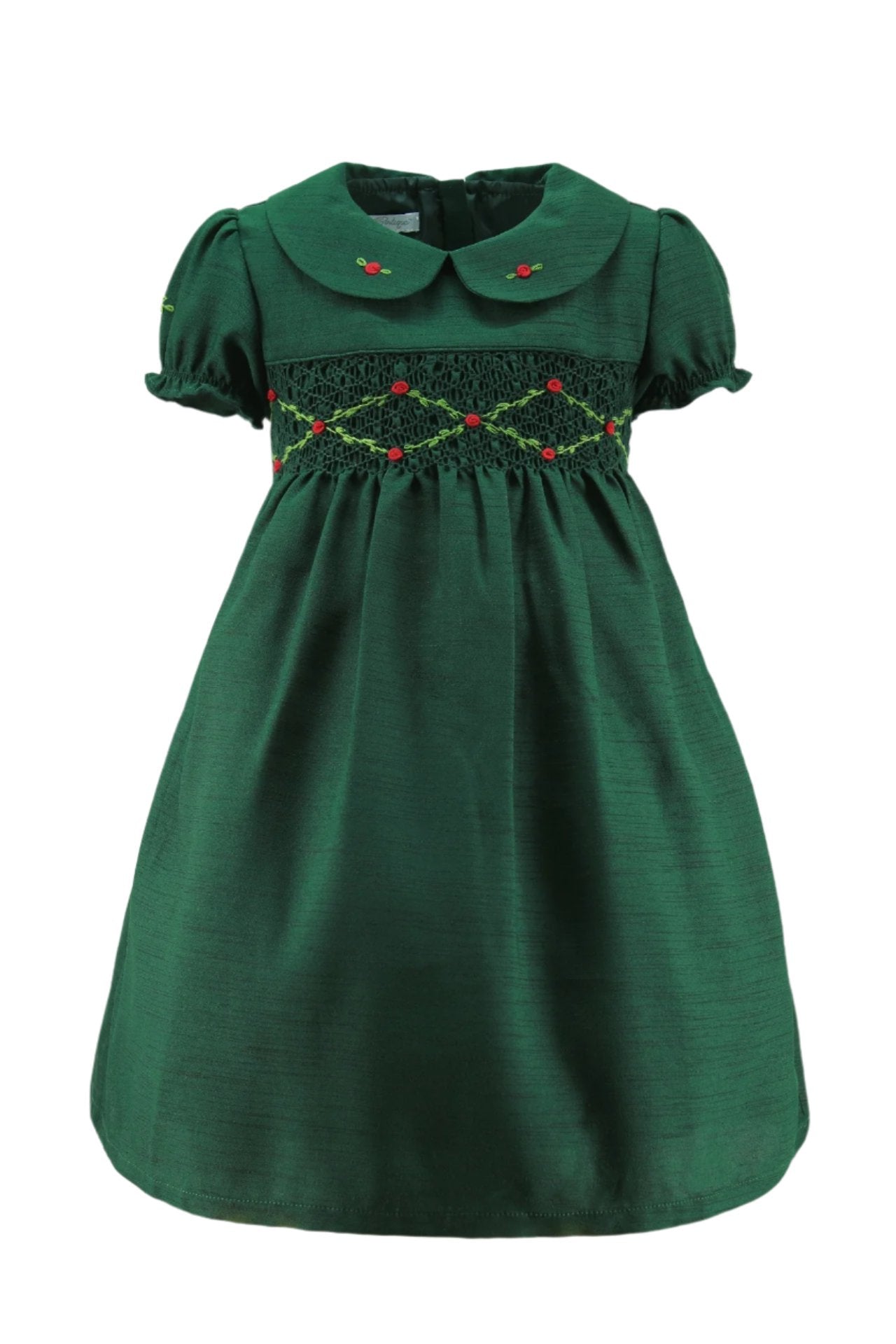 Wholesale Green Floral Smocked Silk Baby Girl Short Sleeve Dress