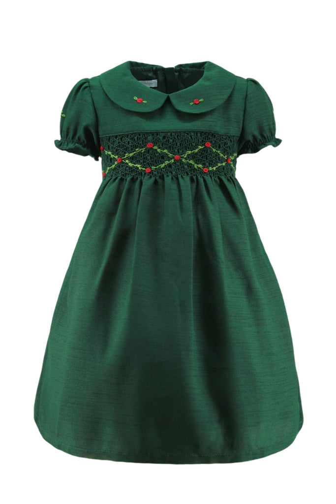 Wholesale Green Floral Smocked Silk Baby Girl Short Sleeve Dress