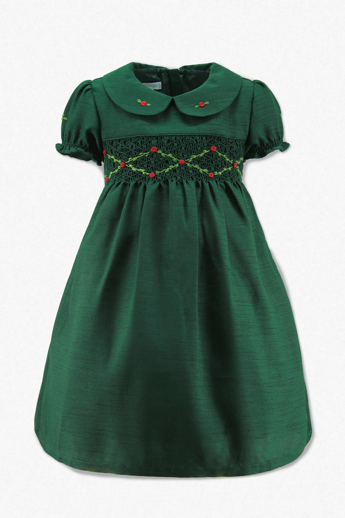Wholesale Green Floral Smocked Silk Baby Girl Short Sleeve Dress