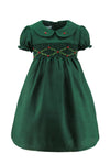 Wholesale Green Floral Smocked Silk Baby Girl Short Sleeve Dress