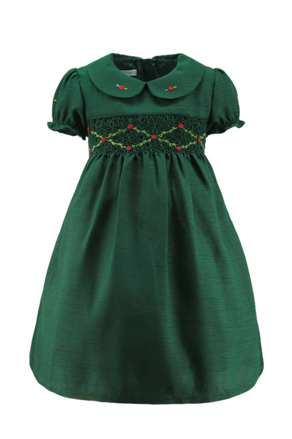 Wholesale Green Floral Smocked Silk Baby Girl Short Sleeve Dress