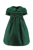 Wholesale Green Floral Smocked Silk Baby Girl Short Sleeve Dress