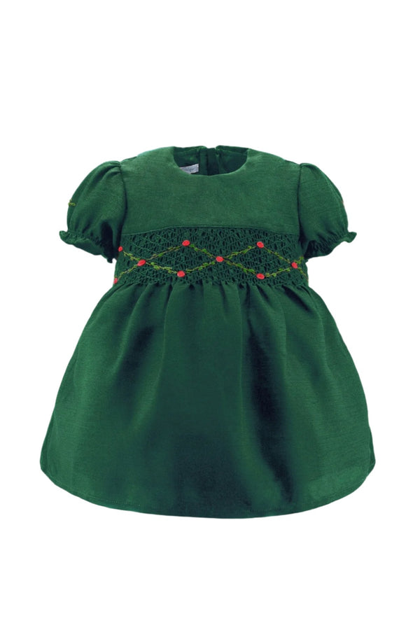 Wholesale Green Floral Smocked Silk Short Sleeve Baby Girl Dress - Imagewear