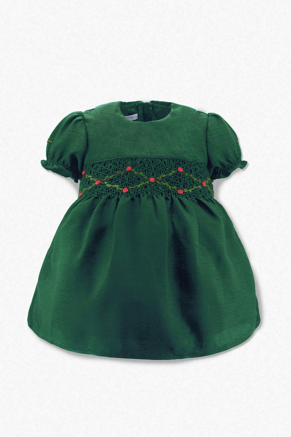 Wholesale Green Floral Smocked Silk Short Sleeve Baby Girl Dress - Imagewear