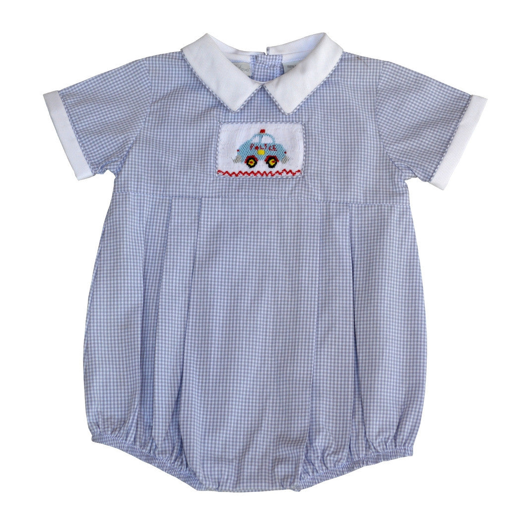 Wholesale Hand Smocked Baby Boy Bubble Romper Checkered Police Car - Imagewear