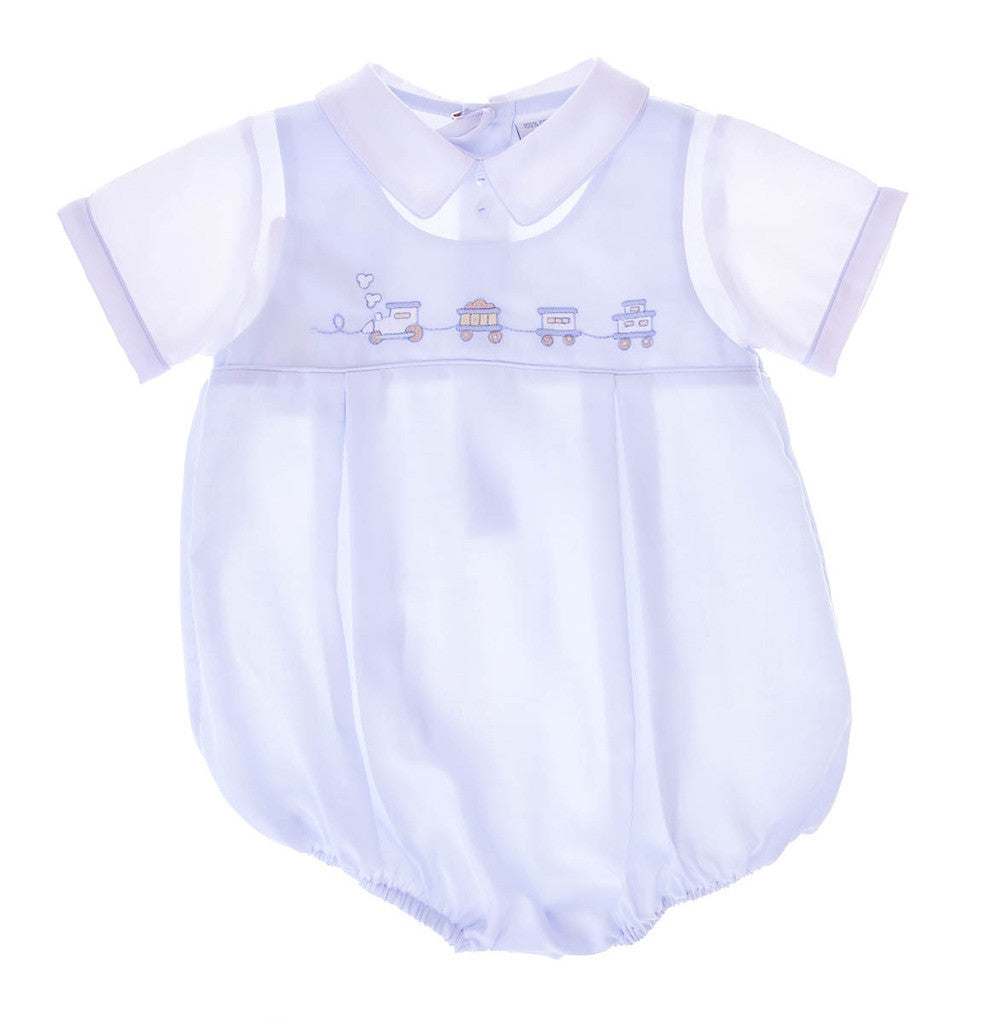 Wholesale Hand Smocked Blue Train Baby Boy Bubble Romper 2 - Imagewear